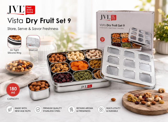 JVL Vista Air-Tight Dry Fruit & Spice Tin – Stainless Steel Storage Set with Removable 180ml Cups & See-Through Lid 9 Cups