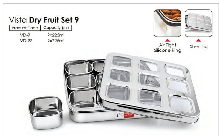 JVL Vista Air-Tight Dry Fruit & Spice Tin – Stainless Steel Storage Set with Removable 180ml Cups & See-Through Lid 9 Cups