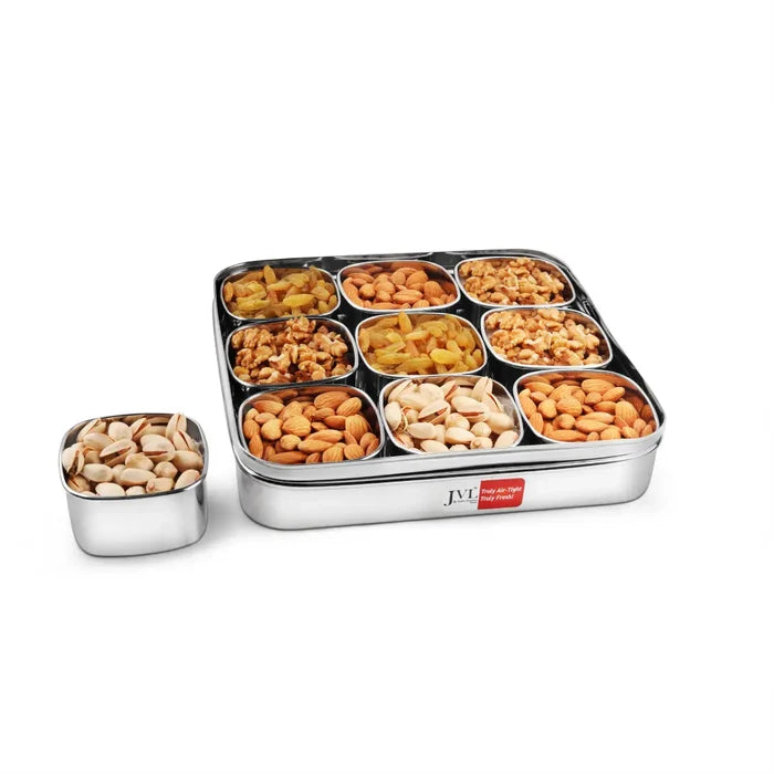 JVL Vista Air-Tight Dry Fruit & Spice Tin – Stainless Steel Storage Set with Removable 180ml Cups & See-Through Lid 9 Cups