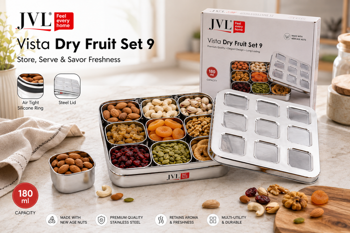 JVL Vista Air-Tight Dry Fruit & Spice Tin – Stainless Steel Storage Set with Removable 180ml Cups & See-Through Lid 9 Cups