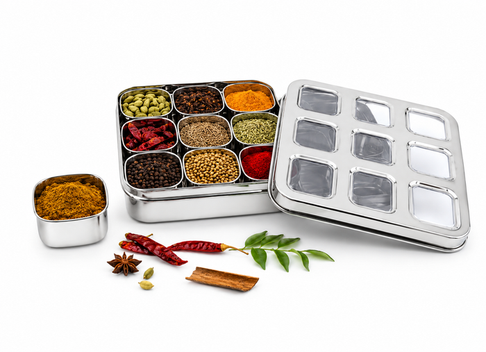 JVL Vista Air-Tight Dry Fruit & Spice Tin – Stainless Steel Storage Set with Removable 180ml Cups & See-Through Lid 9 Cups