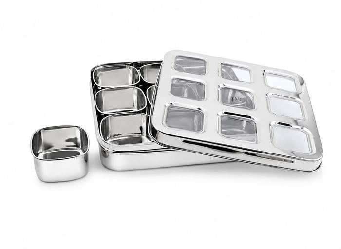 JVL Vista Air-Tight Dry Fruit & Spice Tin – Stainless Steel Storage Set with Removable 180ml Cups & See-Through Lid 9 Cups