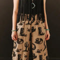 Khaki Vintage Western Printed Wide leg Pants