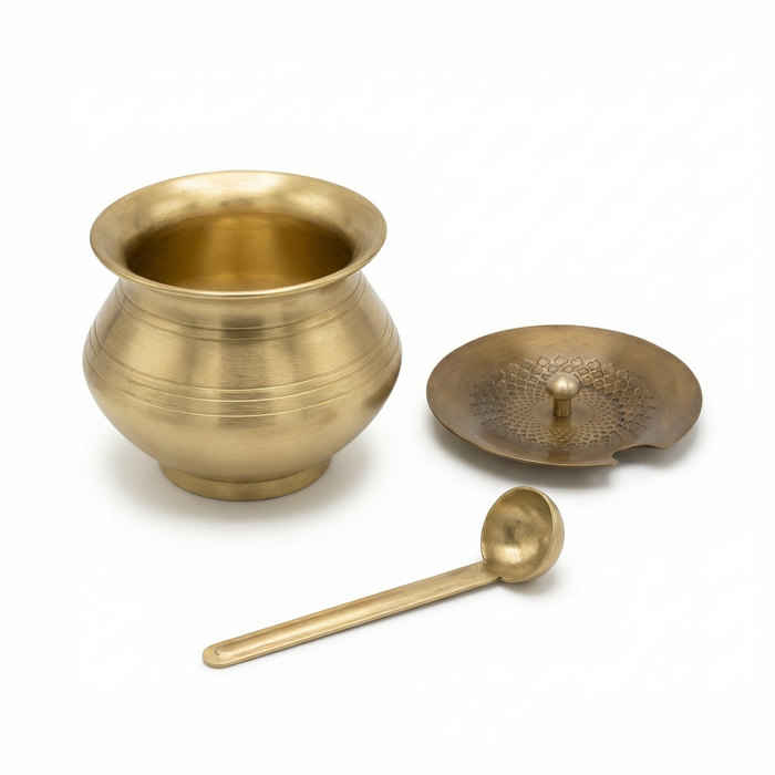 Kitchen Mart 400 ml brass ghee pot set featuring hammered pattern lid and brass spoon