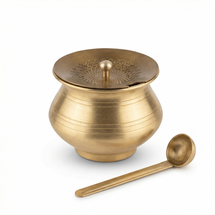 Brass ghee pot with round knob lid and serving spoon from Kitchen Mart India