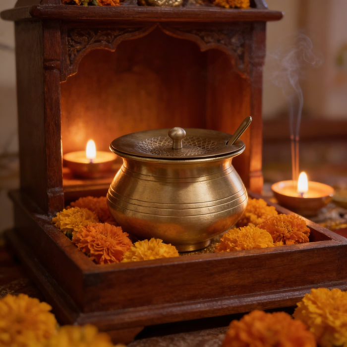 Traditional Indian brass ghee container with golden finish and matka shape for dining table