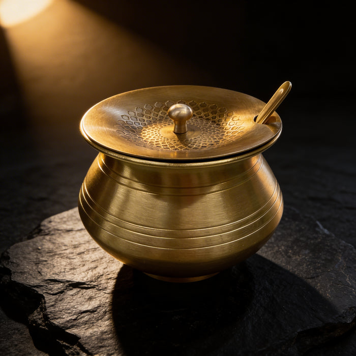 Pure brass ghee pot with decorative hammered lid and spoon slot 400 ml capacity