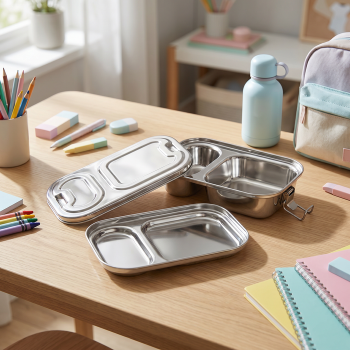 Kitchen Mart stainless steel bento box with two compartments and clip lock lid in high gloss SS 304 finish