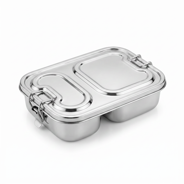 SS 304 food grade stainless steel lunch box with 2 compartments for Indian roti sabzi and rice dal