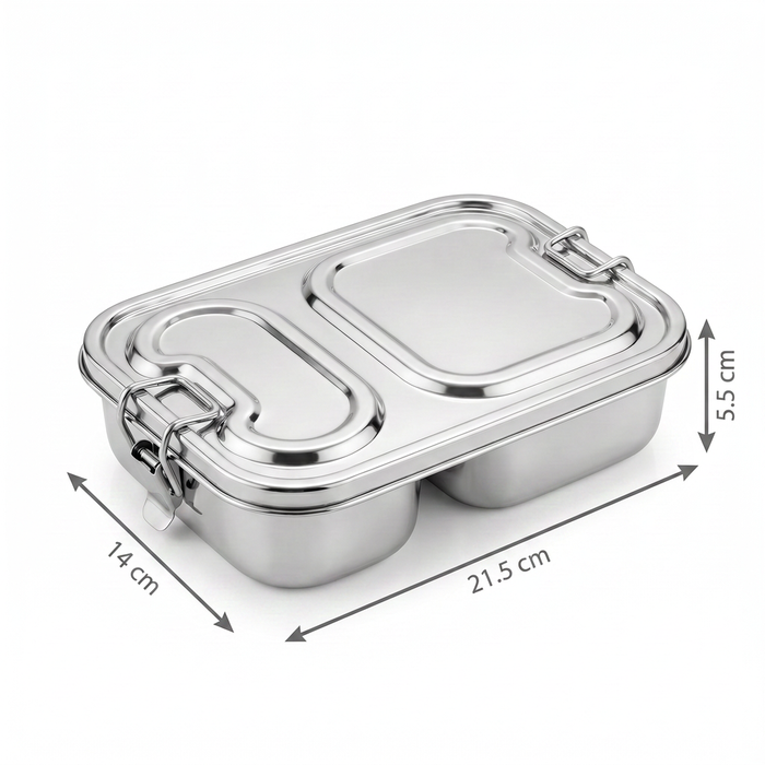 BPA free SS 304 stainless steel meal prep container with 4 side clip locks for Indian curries and gravies with dimensions