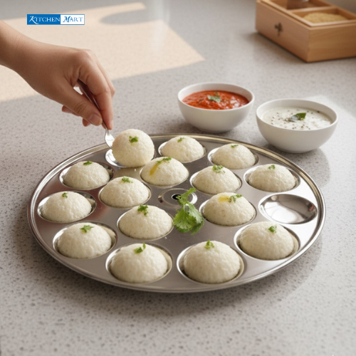 Deep mini idli maker plate SS construction showing 18 round deep cavities