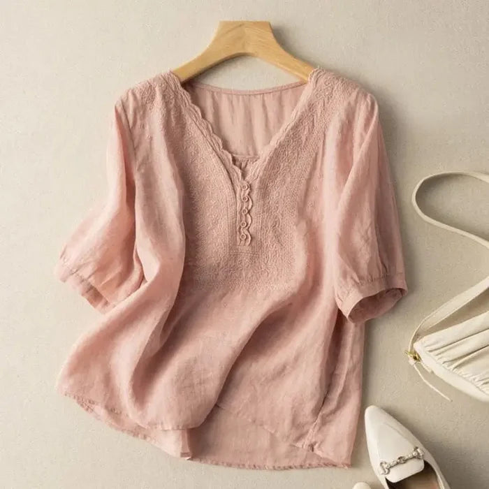 Linen Embroidered V-Neck Shirt