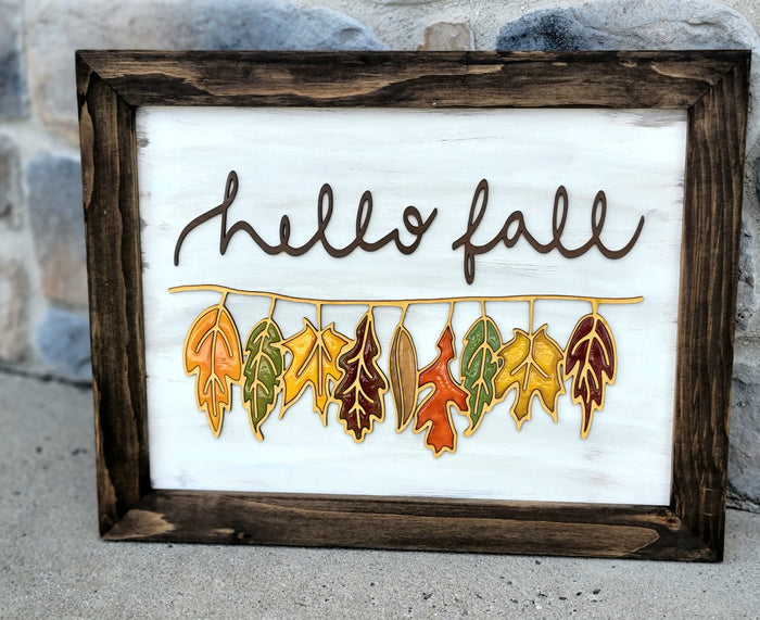 HELLO FALL WITH STRING OF LEAVES. 12x16