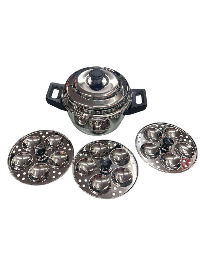 LLM Stainless Steel Sambar Mini Idli steamer pot with three idli plates for perfect soft idlis and South Indian cooking.