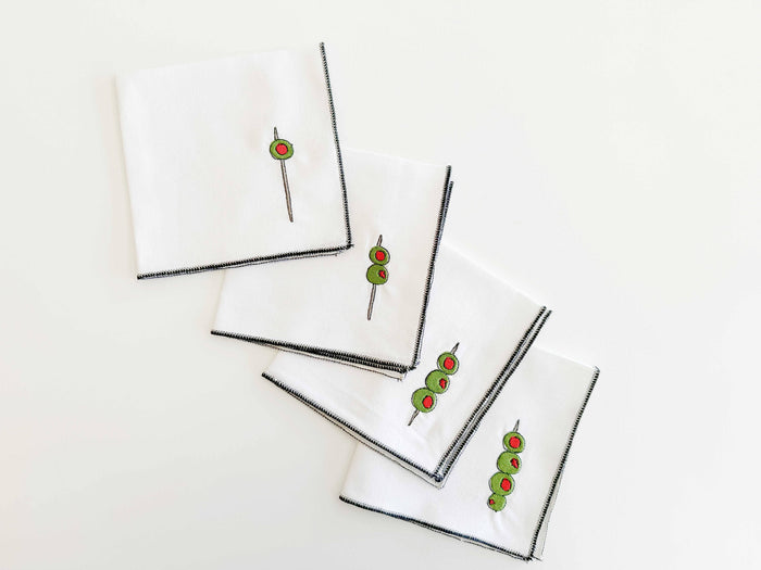 Martini Olive Cocktail Napkins, set of four- White