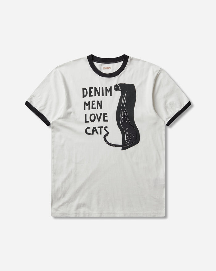KAPITAL 20/-Jersey Ringer T (Denim Men Love Cats Scratch) White T-Shirts Shortsleeve EK-1629SC WHITE