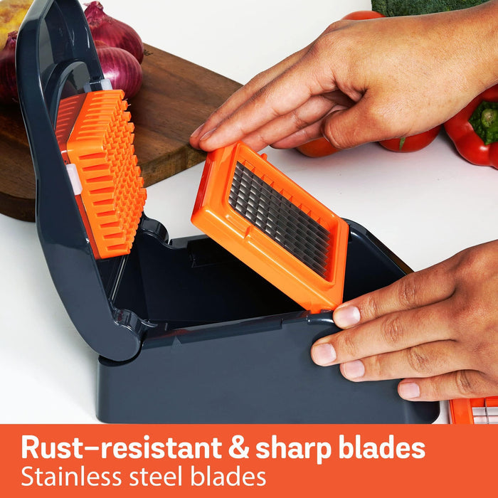 Diced potato and carrot collecting inside the built-in container of the Meyer 2 in 1 dicer