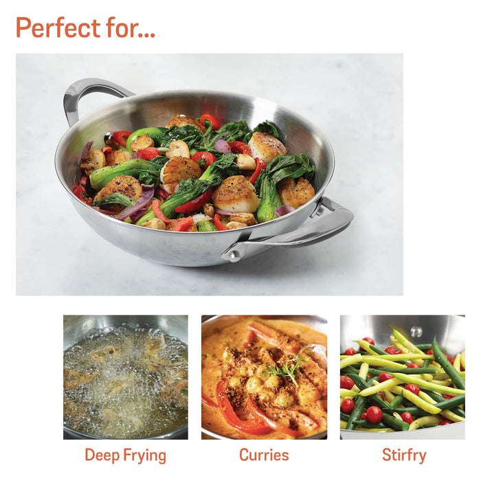 Meyer Select Stainless Steel Kadai 30cm / 4 Litre with Glass Lid — 5mm Sandwich Base, Induction Ready