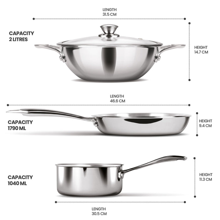 Milton ProCook Triply Stainless Steel Induction Cookware Set, 3-Piece | Sauce Pan 14 cm, Fry Pan 24 cm, Kadhai 24 cm with Glass Lid