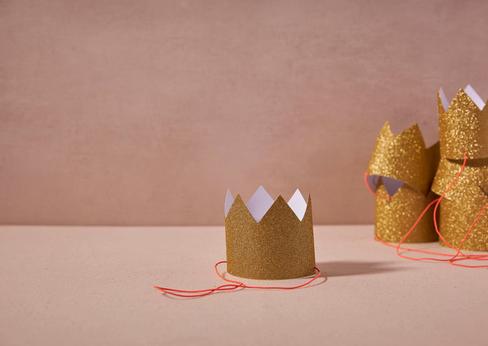 Mini Gold Glitter Crowns, set of 8