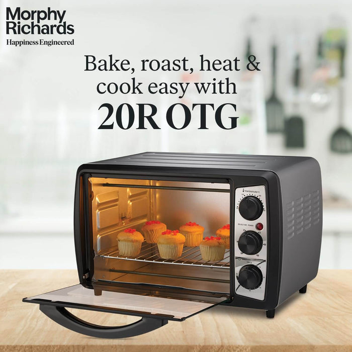 Morphy Richards 20R OTG Oven with cupcakes, featuring 6-stage heating and rotisserie for versatile cooking.