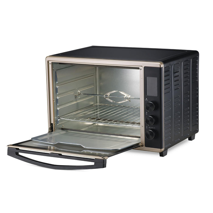 Morphy Richards 52L Digital OTG open door view showing spacious interior with wire rack, rotisserie rod, and Champagne Gold finish trim