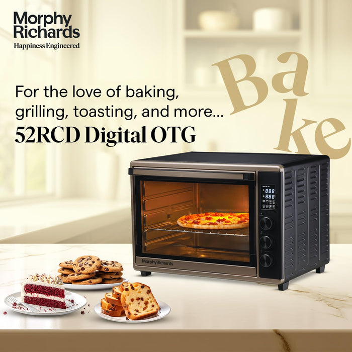 Morphy Richards 52RCD Digital OTG Champagne Gold and Black baking pizza, cookies, and cake with Bake typography overlay