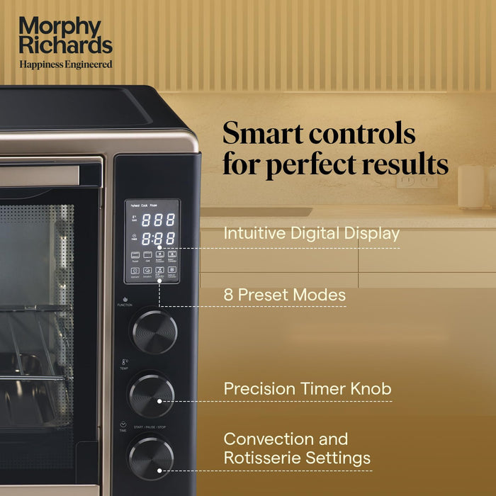 Morphy Richards Digital OTG close-up of smart control panel featuring intuitive digital display, 8 preset modes, precision timer knob, and convection rotisserie settings