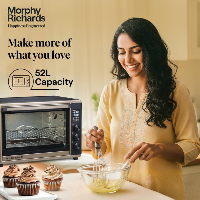 Woman in yellow kurti baking chocolate cupcakes using Morphy Richards 52L capacity digital oven toaster grill in modern kitchen