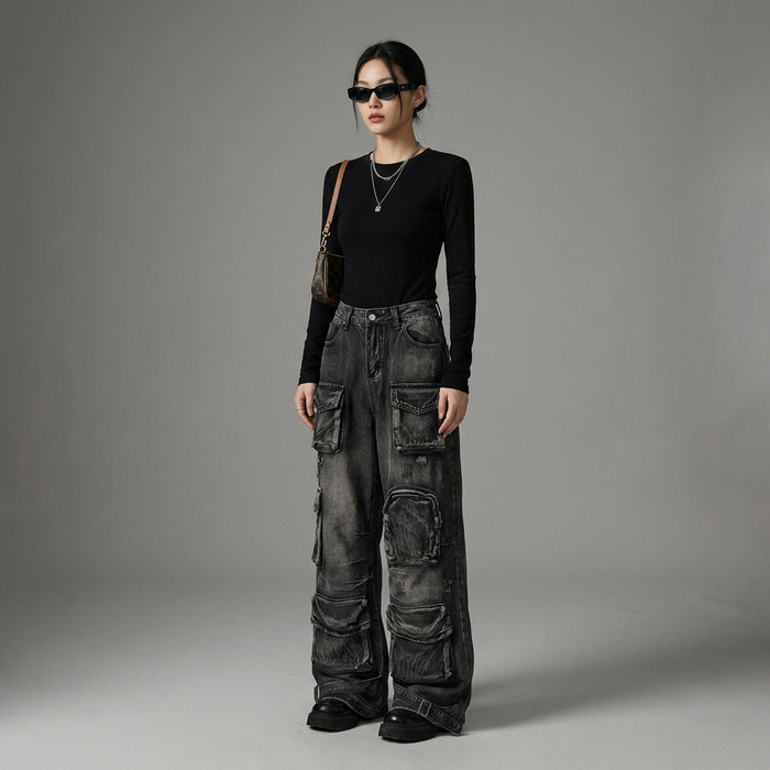 Jean cargo multi-poches noir et gris, coupe large streetwear unisexe - Taille M