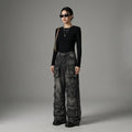 Jean cargo multi-poches noir et gris, coupe large streetwear unisexe - Taille M