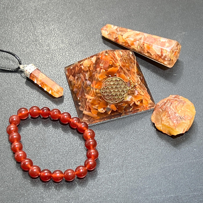 Orgone Pyramid Gift Set (5 Pieces) Red Carnelian Crystal Resin Carving