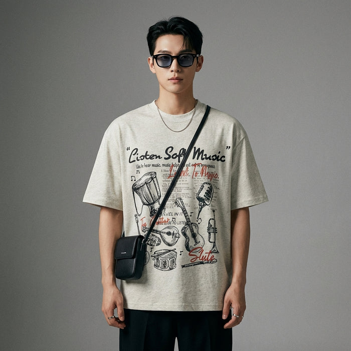 T-shirt oversize en coton imprimé musique, couleur noir - Koreanxwear - Taille M