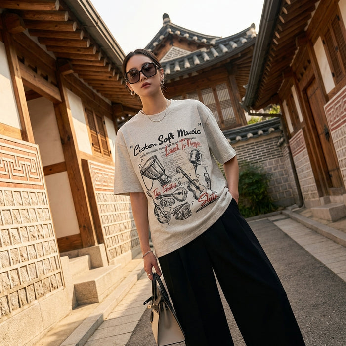 T-shirt oversize en coton imprimé musique, couleur noir - Koreanxwear