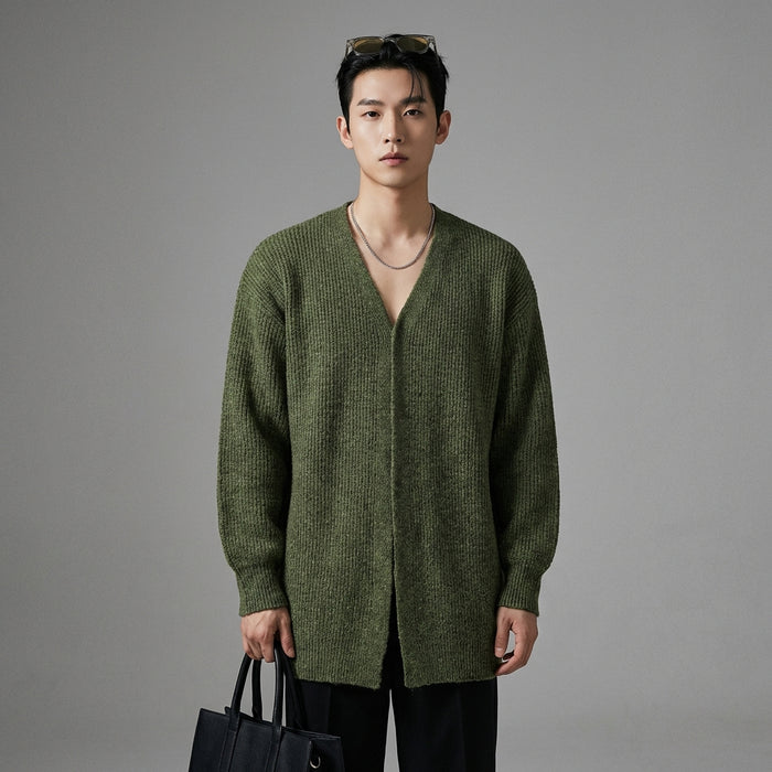 Pull oversize vert col V en jacquard pour un look streetwear décontracté. - Taille S