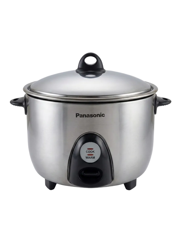 Panasonic electric rice cooker with a stainless steel body, black plastic feet and handle grips, and a glass lid, shown on a light gray background. G18