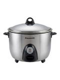 Panasonic electric rice cooker with a stainless steel body, black plastic feet and handle grips, and a glass lid, shown on a light gray background. G18