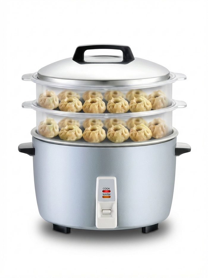 Panasonic SR-942D SS 4.2L automatic rice cooker with double polycarbonate steaming baskets loaded with momos
