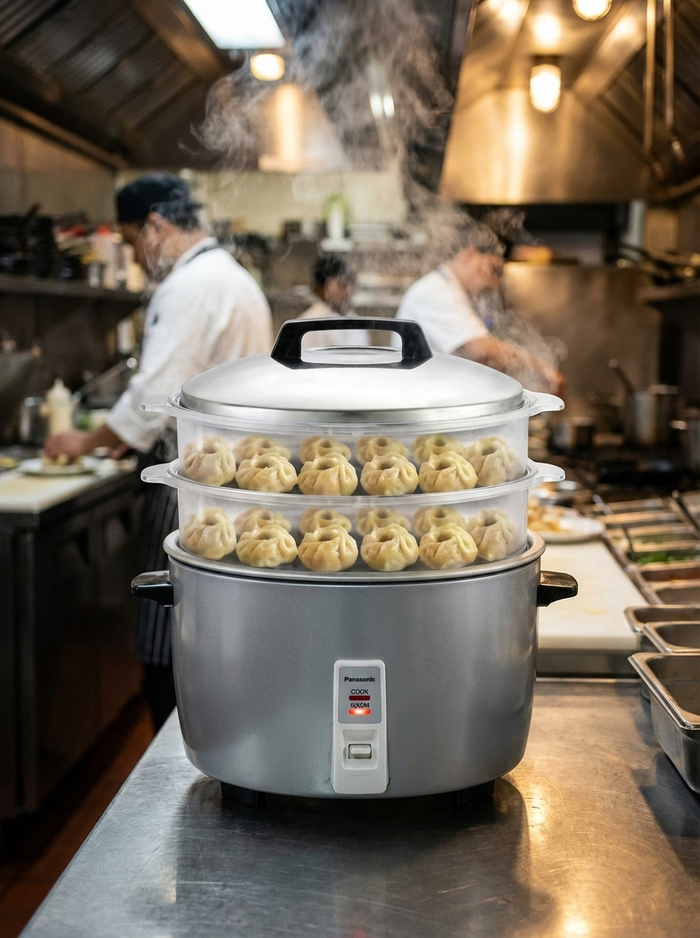 Panasonic SR-942D SS commercial momo steamer cooker with 1370W double coil heater and stainless steel lid