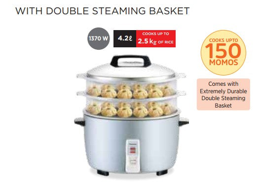 Panasonic SR-942D SS rice cooker front view showing Cook and Keep Warm push-button controls in metallic silver finish