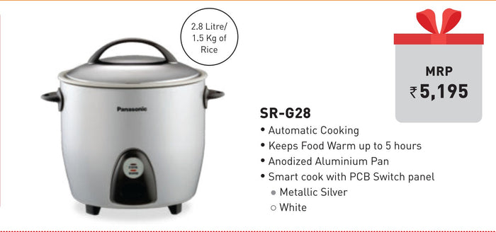 Panasonic SR-G28 2.8 litre automatic electric rice cooker in metallic silver finish with stainless steel lid