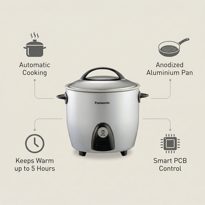 Panasonic SR-G28 2PL double pan rice cooker with two anodized aluminium pans and stainless steel lids