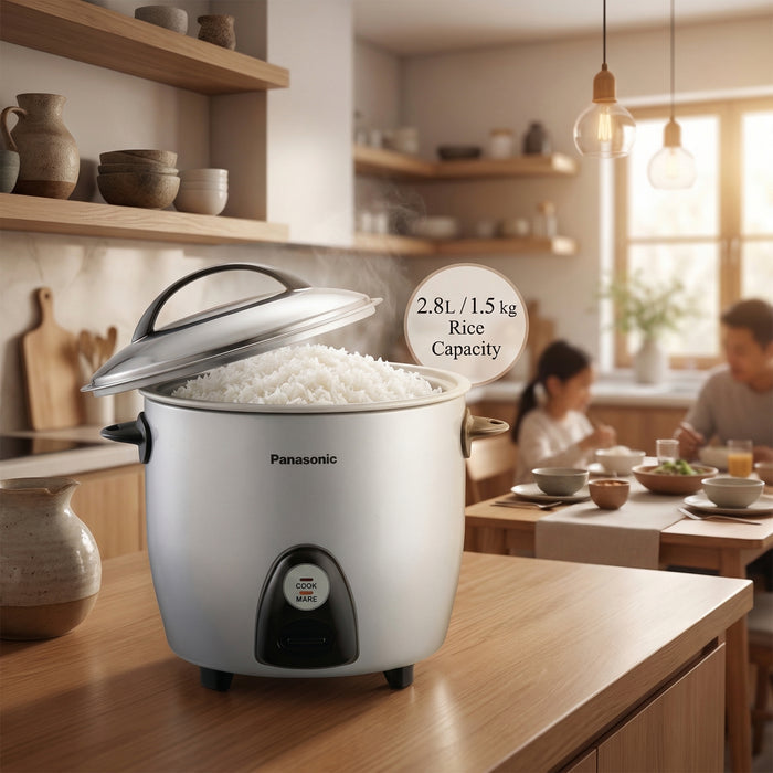 Panasonic SR-G28 rice cooker metallic silver body with sleek handle and stainless steel lid top view