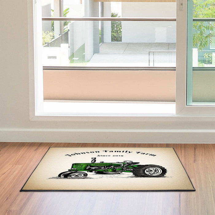 Personalized Farmhouse Doormat | Green Tractor | Door and Floor Rug | Rustic Beige | Farm Theme - Deja Blue Studios