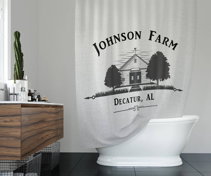 Personalized Old Schoolhouse Farm Shower Curtain | Black and Gray | Minimalist Farmhouse, Country Decor - Deja Blue Studios