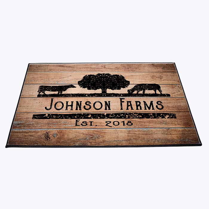 Personalized Rustic Angus Cow Farmhouse Door Rug | Rustic Wood Print | Front Doormat - Deja Blue Studios