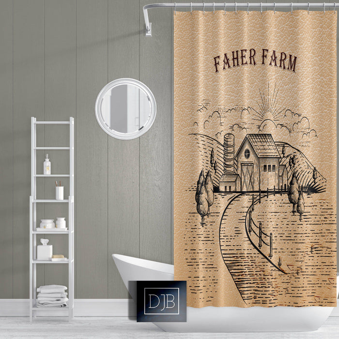 Personalized Tan Leather Farm Field Shower Curtain | Farmhouse Shower Curtain - Deja Blue Studios