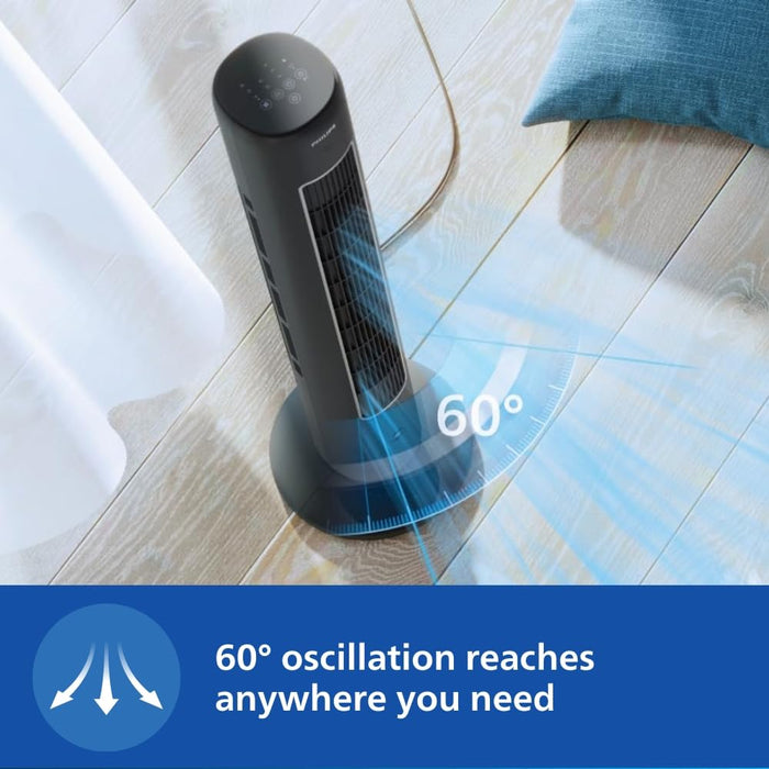400mm Philips bladeless tower fan with 60-degree oscillation in modern black finish