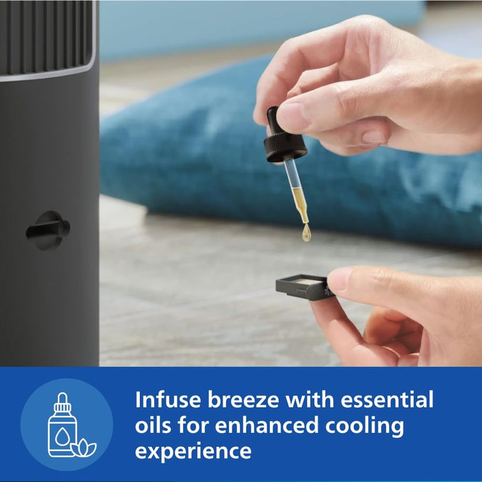 Philips tower fan with aromatherapy feature and digital display showing timer settings