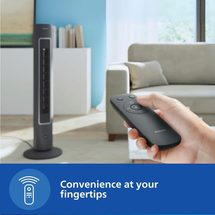 Compact Philips CX5535 tower fan with feather-touch controls and infrared remote